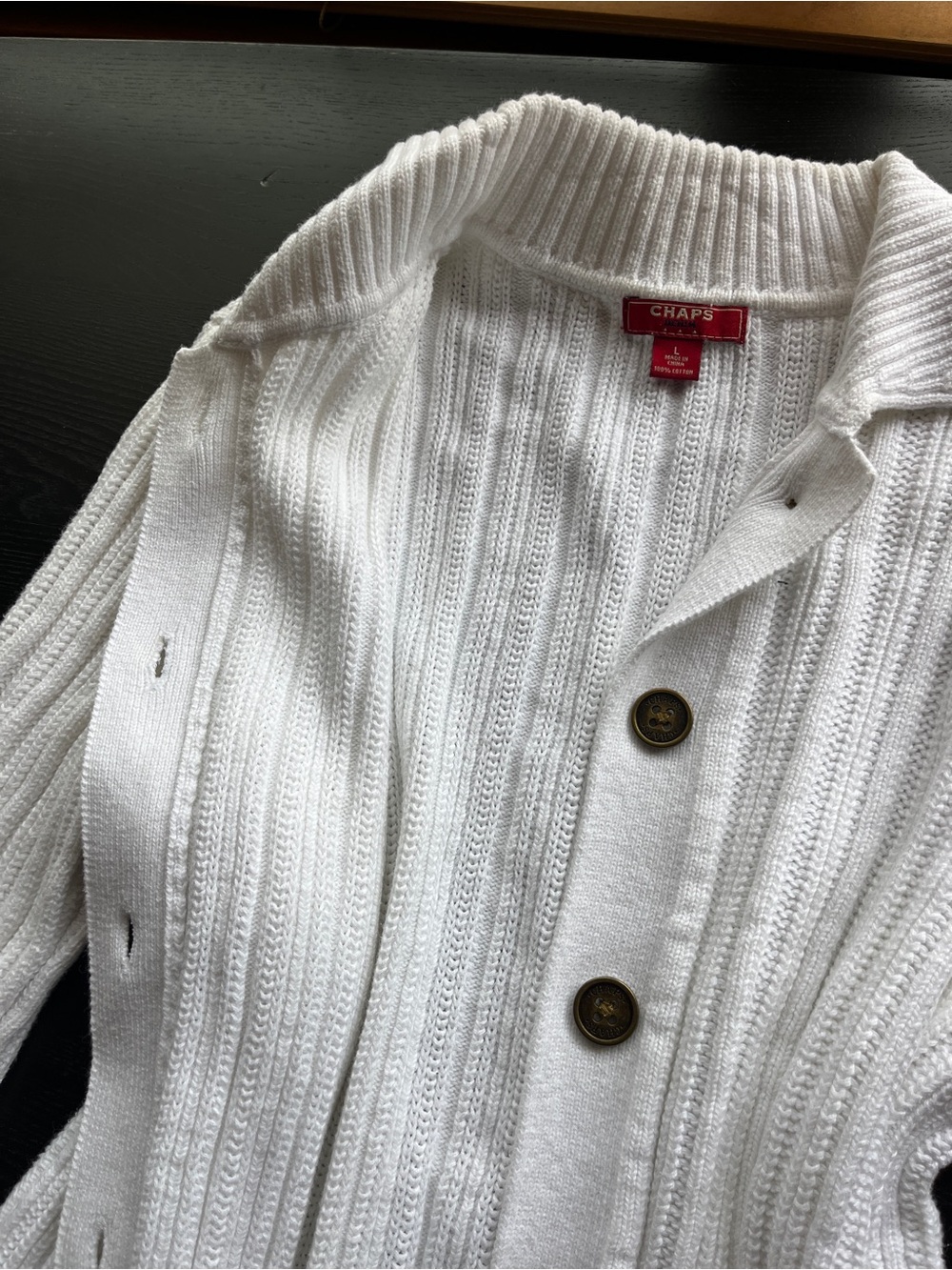 Chaps White 100% Cotton Ribbed Button-Up Cardigan Sweater Large L  - Picture 15 of 16